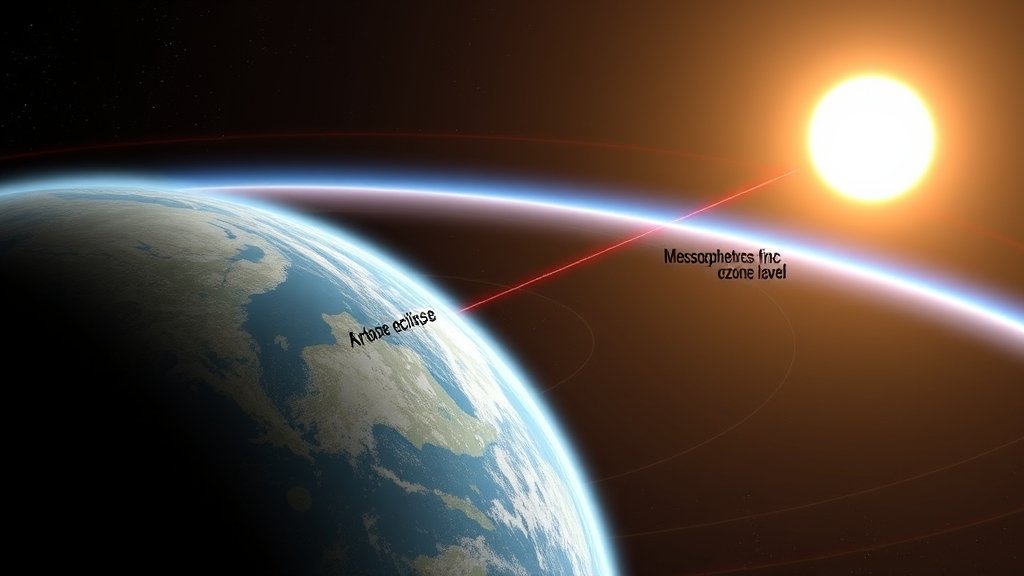 An illustration of the Earth's atmosphere with a solar eclipse occurring, highlighting the mesospheric ozone layer and its interaction with the sun's radiation