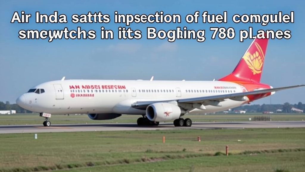 A photo of an Air India Boeing 787 aircraft on the runway with a caption "Air India starts inspection of fuel control switches in its Boeing 787 planes"
