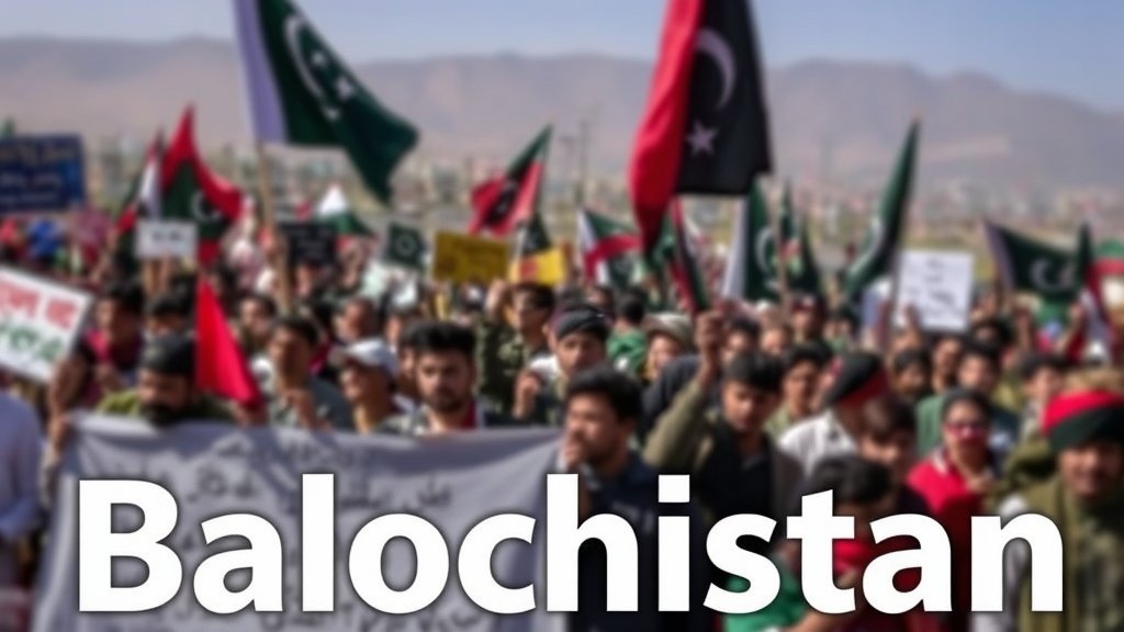 A dramatic image of a protest in Balochistan, with people holding signs and flags, and a blurred background of a cityscape or a mountain range, conveying a sense of urgency and unrest.