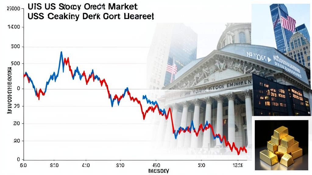 A graph showing the decline of the US stock market with a picture of the New York Stock Exchange in the background, and a small image of gold and silver bars in the corner.