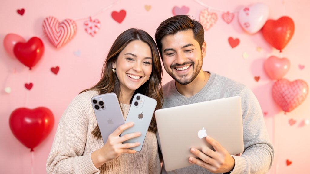 A happy couple holding iPhone 17 series and MacBook Air devices with a Valentine's Day theme background