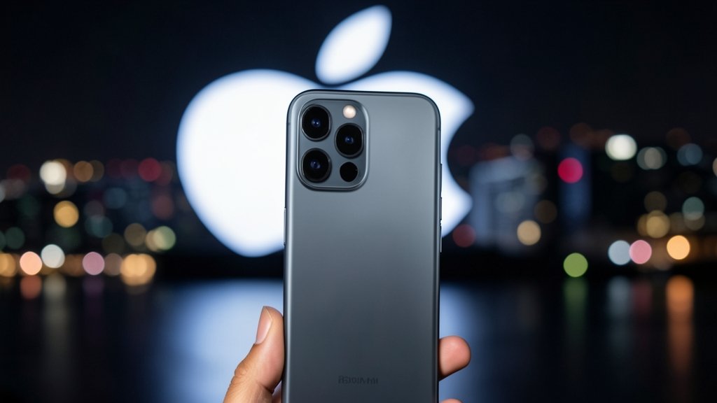 A conceptual image of the iPhone 18 Pro Max with a sleek design and a variable aperture camera, with a blurred background of Apple's logo and a cityscape at night.