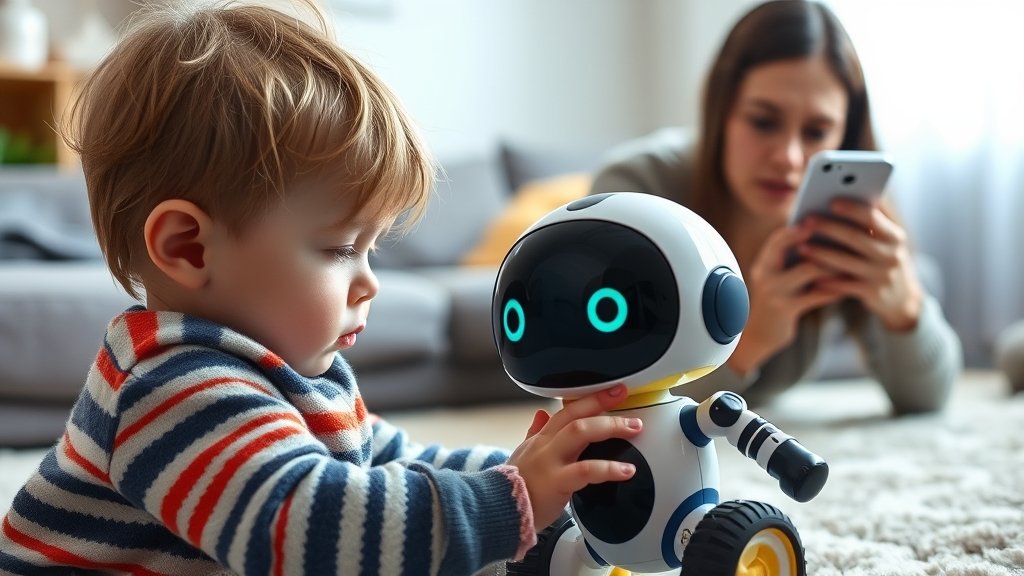 A picture of a child playing with an AI-powered toy, with a concerned parent in the background looking at a smartphone with a worried expression.