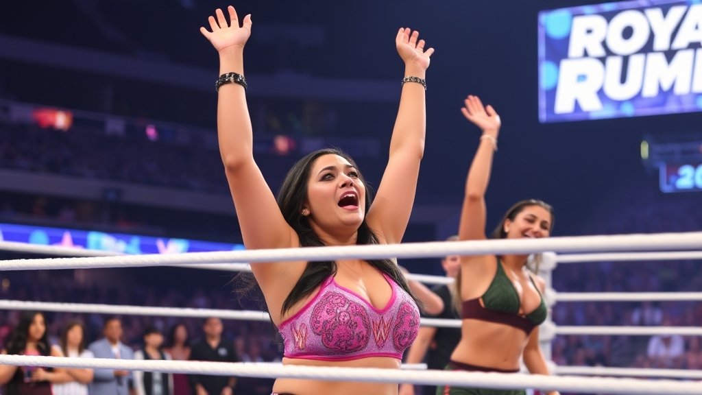 A photo of the WWE Royal Rumble 2026 event with a focus on the women's match, highlighting the excitement and tension in the air.