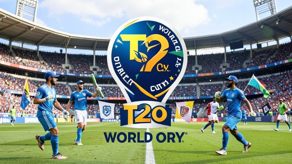 A photo of a cricket stadium with players in action, with a focus on the T20 World Cup logo and the teams' flags