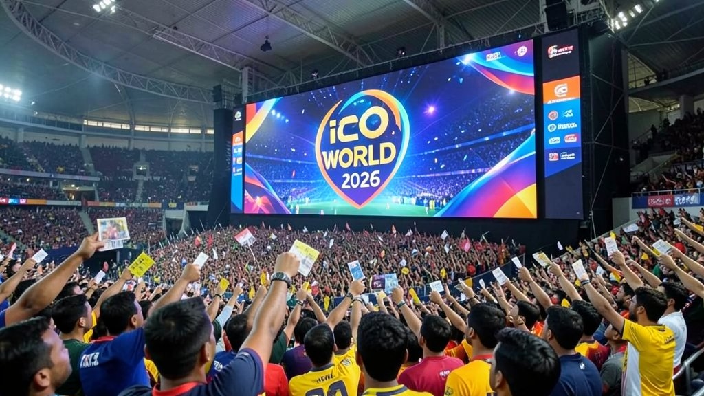 A crowded stadium with a large screen displaying the ICC T20 World Cup 2026 logo, with fans cheering and holding tickets in their hands