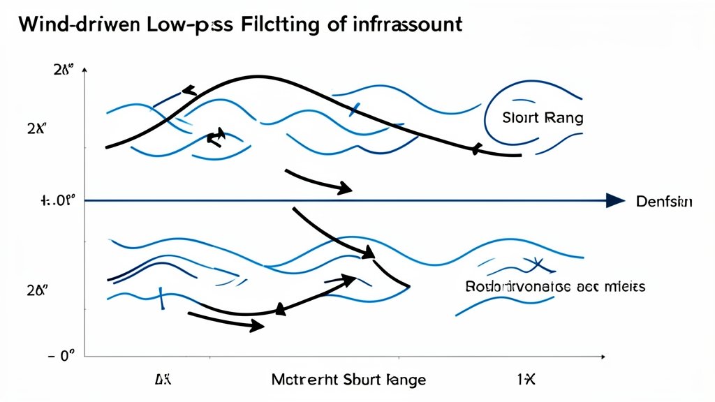 A diagram illustrating the concept of wind-driven low-pass filtering of infrasound at short range, with arrows representing sound waves and wind direction.