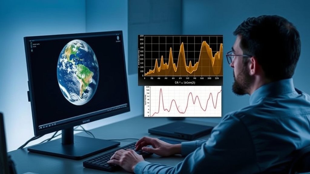 A detailed image of a researcher working on a computer with a satellite image of the Earth on the screen, with a graph showing the denoising of InSAR time series data in the background.