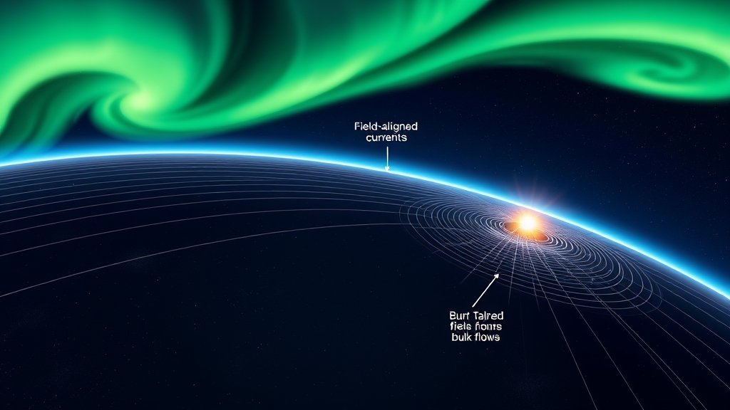 An illustration of the Earth's ionosphere with field-aligned currents and bursty bulk flows, set against a backdrop of the aurora borealis, with a subtle hint of magnetic field lines and solar wind particles.