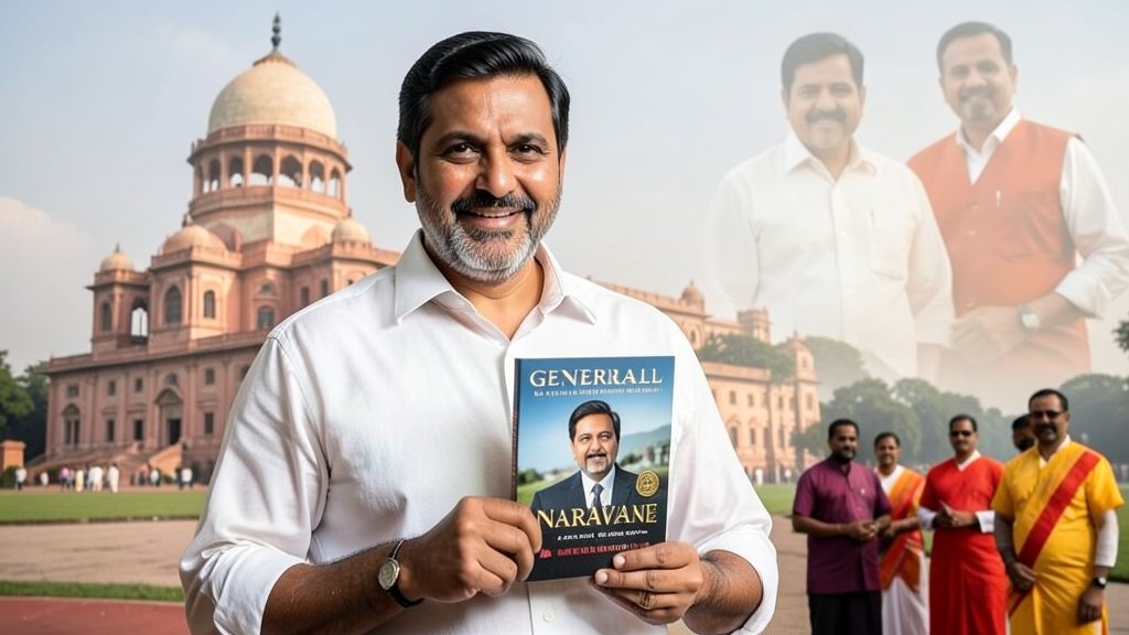 A photo of General Naravane holding his memoir, with a subtle background of the Indian Parliament building and a faint image of Rahul Gandhi and BJP leaders in the distance, conveying a sense of controversy and political tension