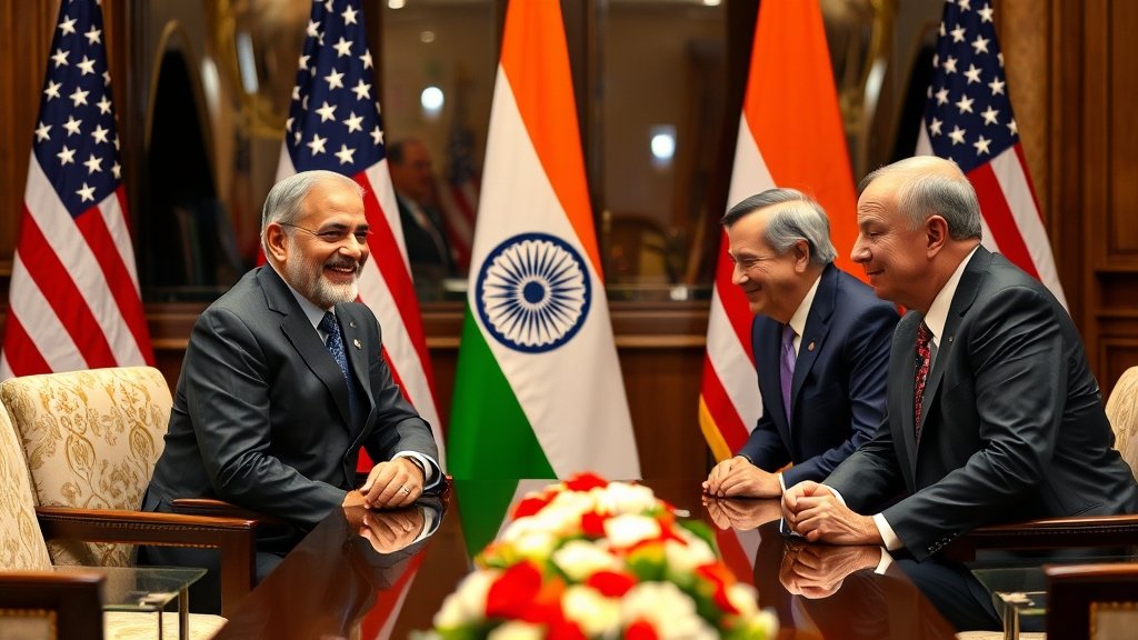 A photo of Indian External Affairs Minister Jaishankar meeting with US officials in Washington DC, with a background of Indian and American flags