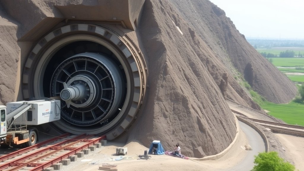 A photo of a tunnel boring machine at work on the Mumbai-Ahmedabad bullet train project, with a backdrop of the Indian countryside