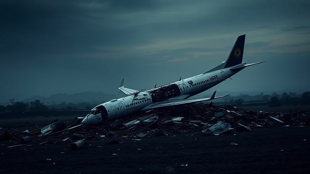 A somber image of a plane crash site with a subtle background of Maharashtra's landscape, incorporating elements that reflect Ajit Pawar's political legacy and the impact of his death on the state's politics.