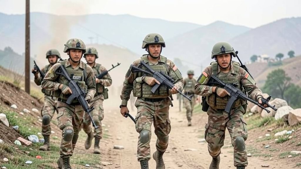 A photograph of Indian security forces in action, with a subtle background of the Basantgarh area in Udhampur, Jammu and Kashmir, conveying a sense of vigilance and bravery.