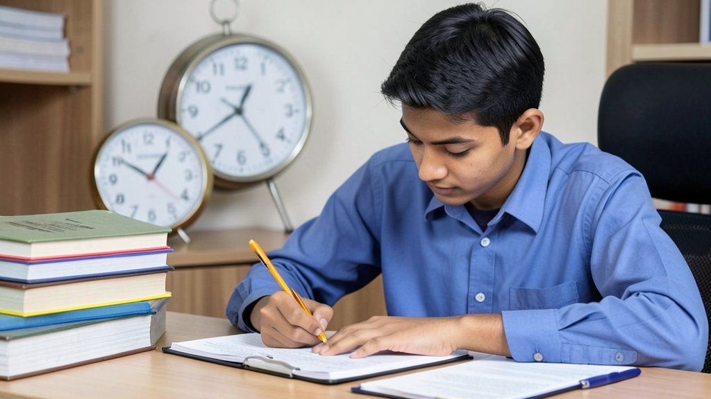 A photo of a student studying for the NEET-PG exam with a clock and books in the background, symbolizing the pressure and importance of the exam.