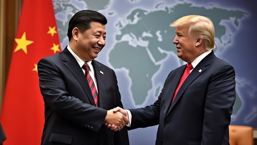 A photo of Xi Jinping and Donald Trump shaking hands or talking on the phone, with a subtle background indicating global map or flags of China and USA.