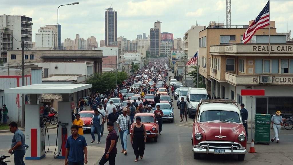A photo of a Cuban city with a visible oil shortage, such as long lines at gas stations or people waiting for food and water, with a subtle hint of the US flag in the background.