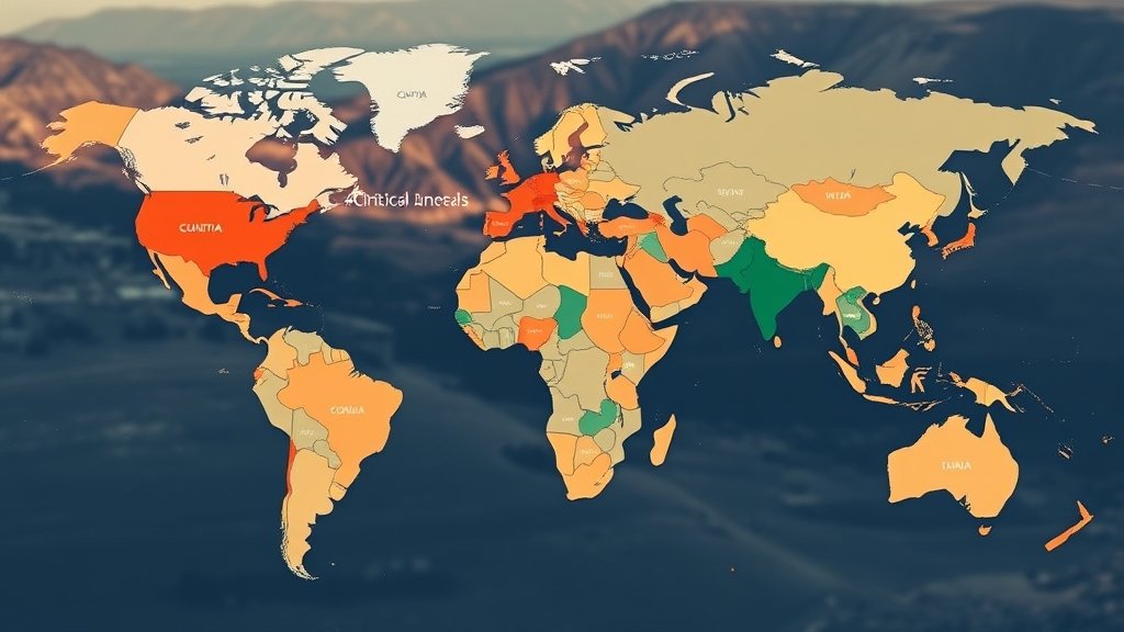 A photo of a world map with major countries highlighted, showing the global distribution of critical minerals, with a faint image of a mining site in the background, symbolizing the importance of these minerals in international trade and economic development.