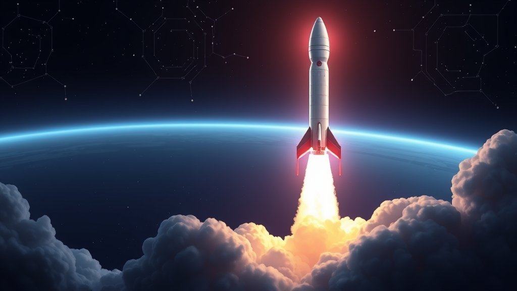 A futuristic illustration of a SpaceX rocket launching into space with a subtle integration of AI elements, such as circuits or code, blending into the background, symbolizing the merger of SpaceX and xAI.