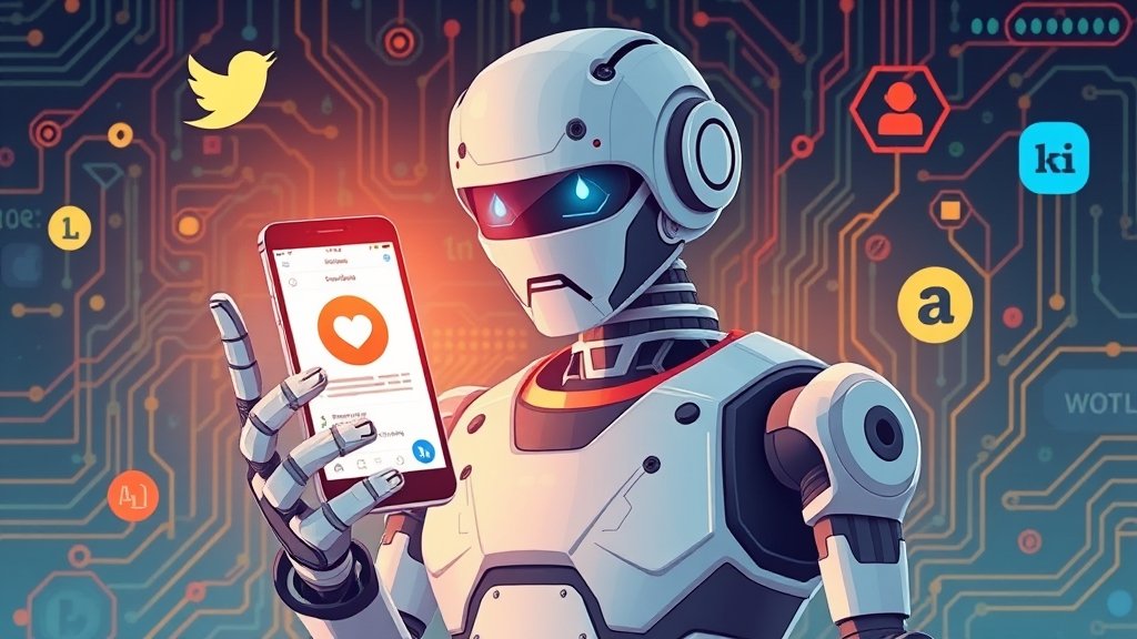 A futuristic illustration of a robot holding a smartphone with a social media app open, surrounded by coding symbols and circuit boards.