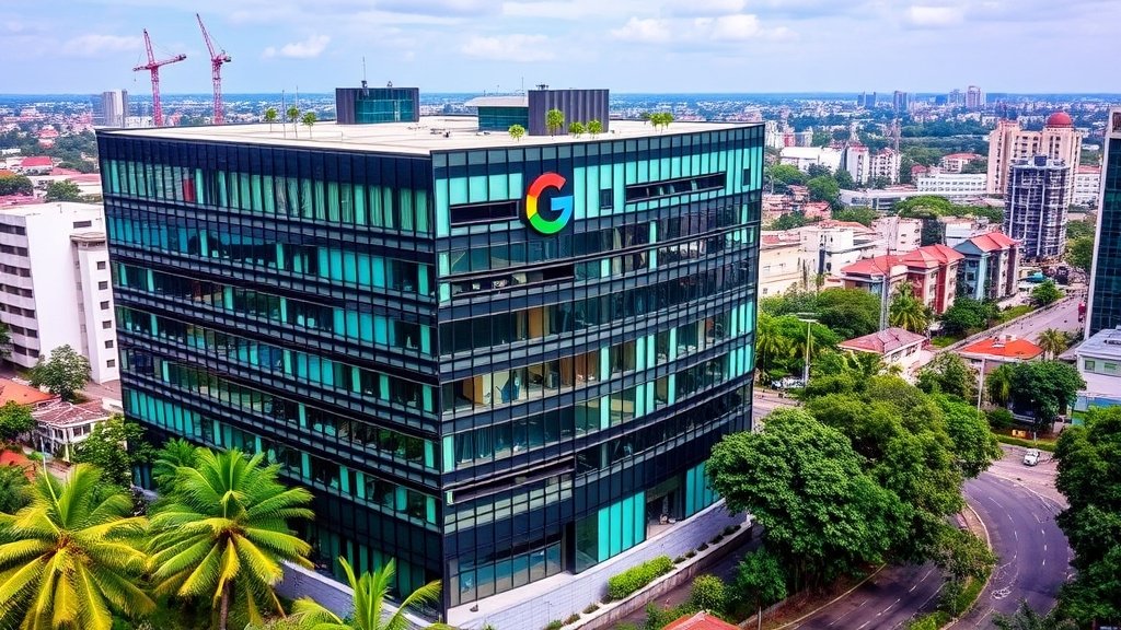 A photo of a modern office building in Bengaluru, India, with a Google logo on the facade, surrounded by lush greenery and a bustling cityscape.