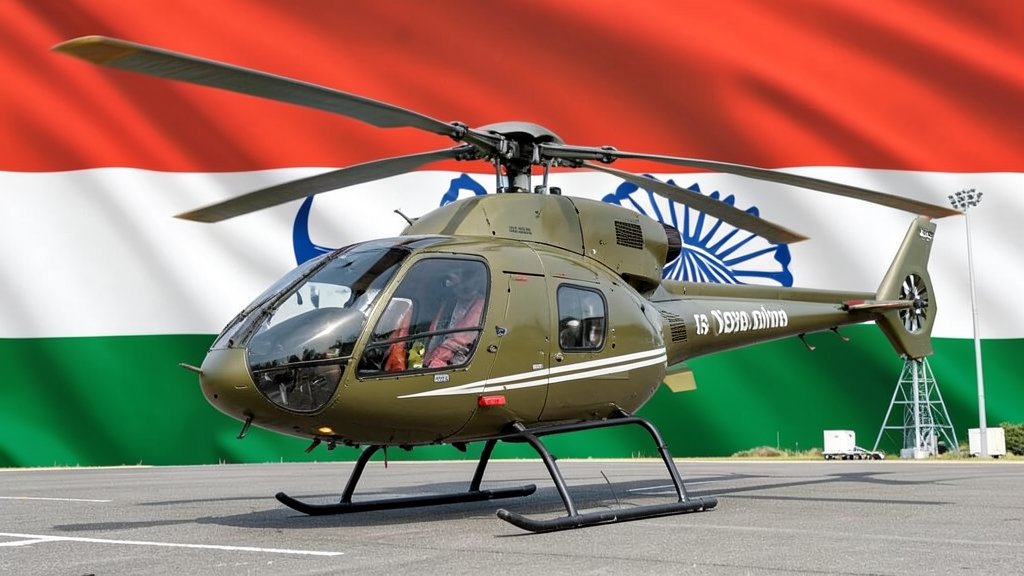 An image of an Indian-made helicopter or a defence equipment manufacturing unit with a backdrop of the Indian flag