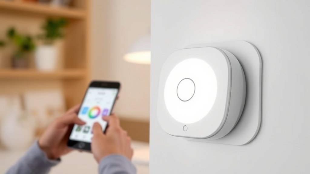 A photo of an Ikea smart home device, such as a sensor or a smart light bulb, with a person in the background using a smartphone to control the device.