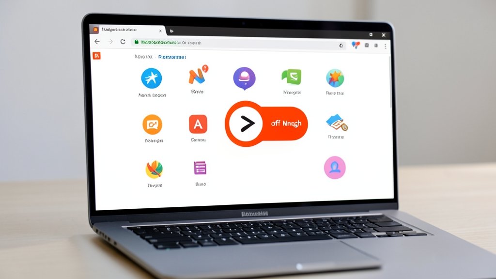 A screenshot of the Mozilla Firefox browser with a prominent AI off switch button, surrounded by related icons and symbols, on a modern laptop or desktop computer.