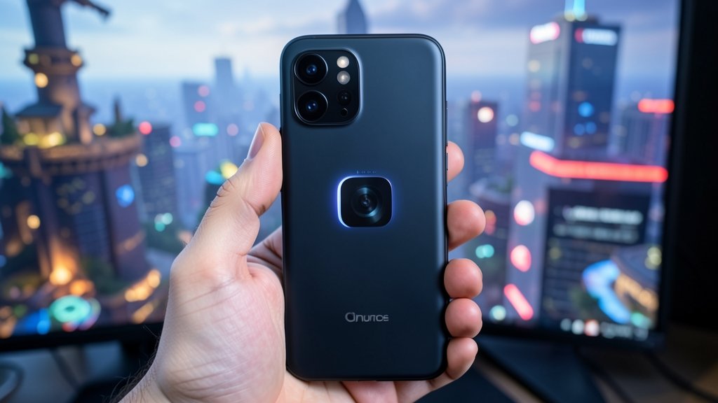 A high-quality image of a person holding a OnePlus smartphone with a large camera lens and a powerful battery indicator on the screen, with a cityscape or a gaming background.