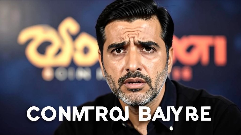 A picture of Manoj Bajpayee with a concerned expression, with a blurred background of a film set or a Bollywood logo, conveying the theme of controversy and debate surrounding his movie title.