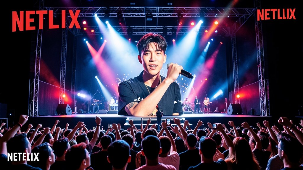 A poster of BTS with a backdrop of a concert stage, with the Netflix logo prominently displayed in the corner, and a crowd of excited fans in the foreground.