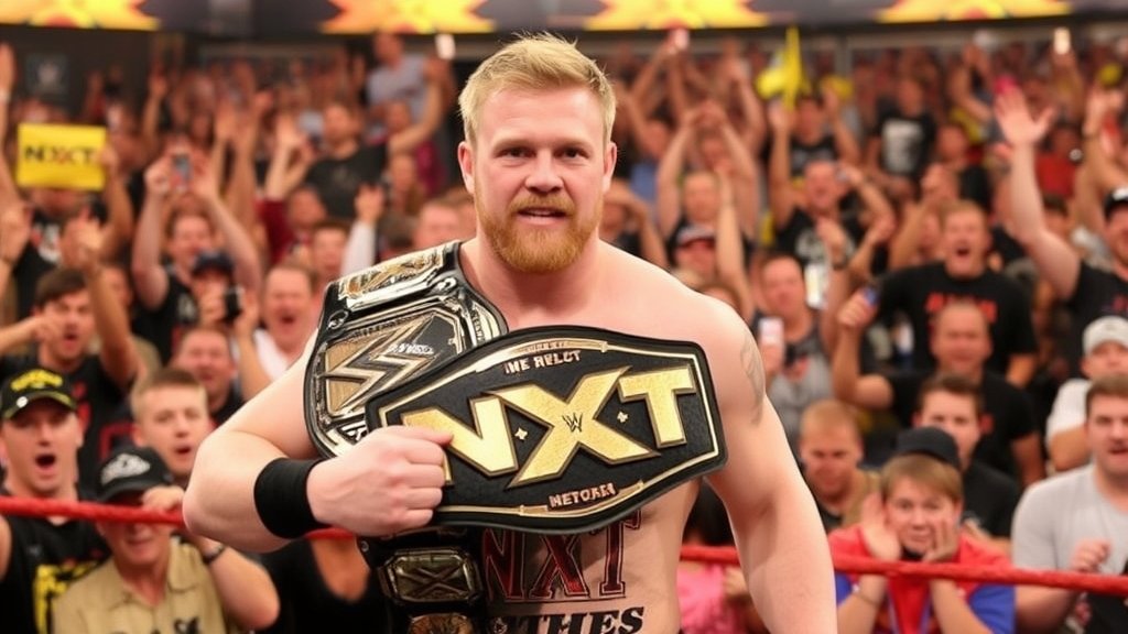 A photo of Joe Hendry holding the NXT Championship belt with a crowd of cheering fans in the background