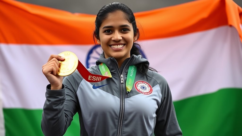 A photo of Esha Singh holding a gold medal and smiling, with the Indian flag in the background