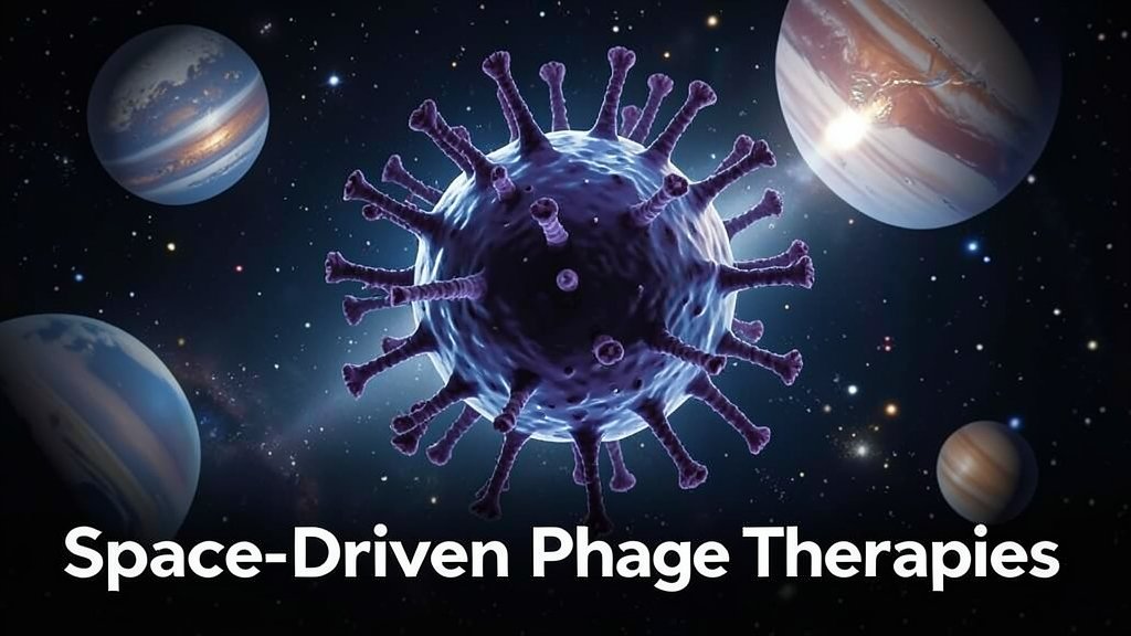 An illustration of a virus mutating in space, with a background of stars and planets, and a caption "Space-Driven Phage Therapies" in the foreground.