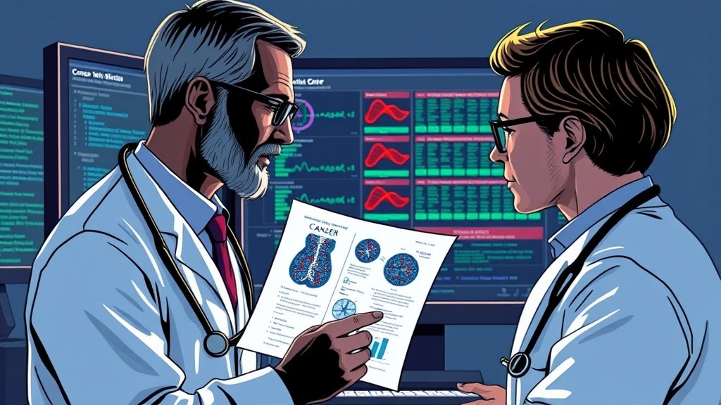 A detailed illustration of a doctor analyzing a patient's cancer diagnosis report with a computer screen displaying genetic data in the background, highlighting the role of precision diagnostics in cancer management.