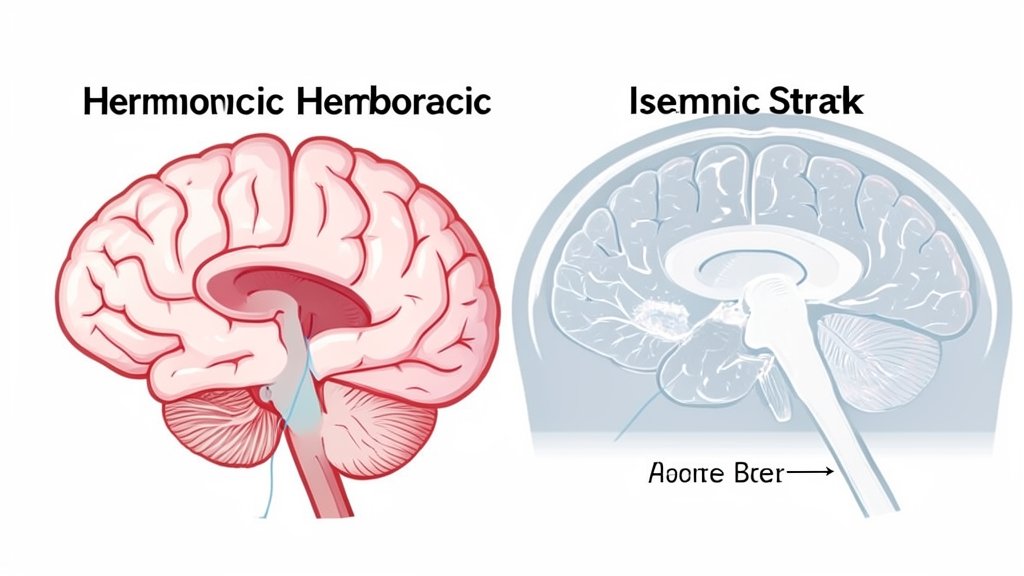 A medical illustration showing the difference between hemorrhagic and ischemic stroke, with a brain scan or diagram in the background.