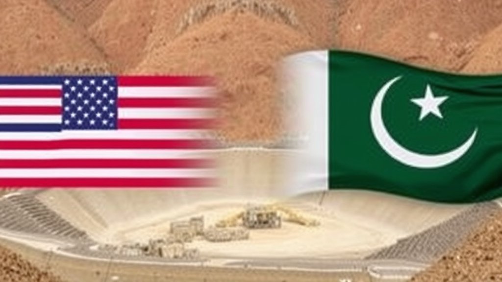 A photo of the Reko Diq mine in Balochistan, Pakistan, with a US flag and a Pakistani flag in the background, symbolizing the investment and partnership between the two countries.