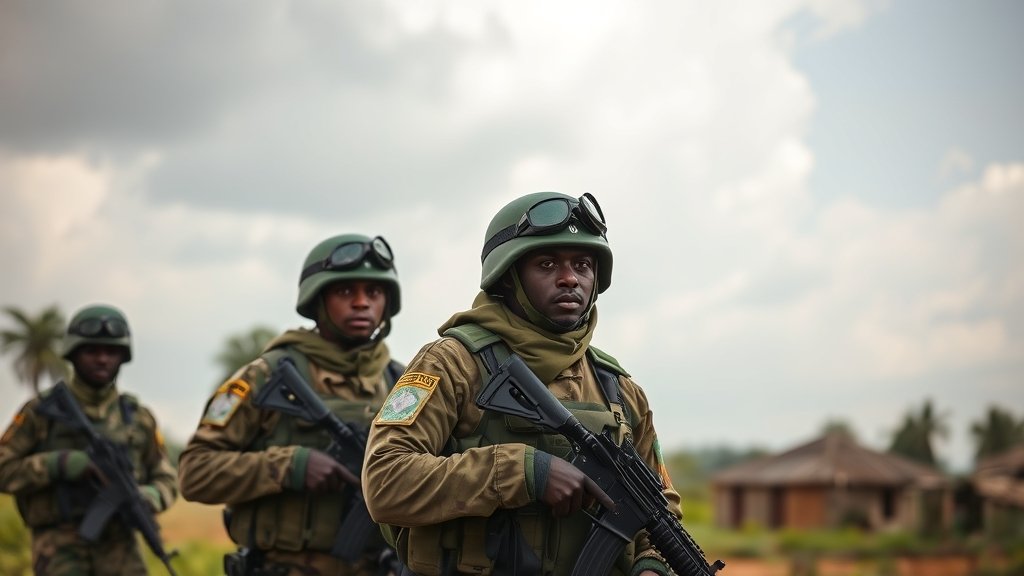 A photo of Nigerian soldiers deployed in a village with a somber atmosphere, conveying a sense of security and protection.