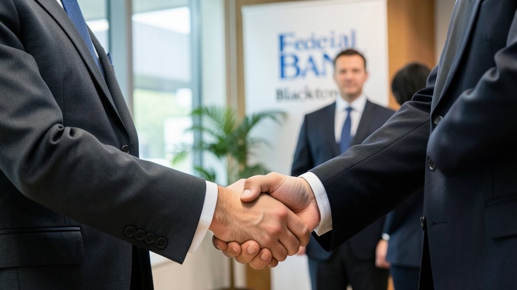 A professional image of a person shaking hands with a banker in the background, symbolizing a significant business deal or partnership, with a subtle hint of the Federal Bank or Blackstone logo.