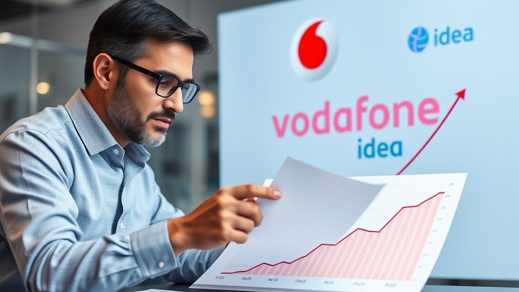 A financial analyst studying a graph showing the telecom sector's growth and decline, with a Vodafone Idea logo in the background.
