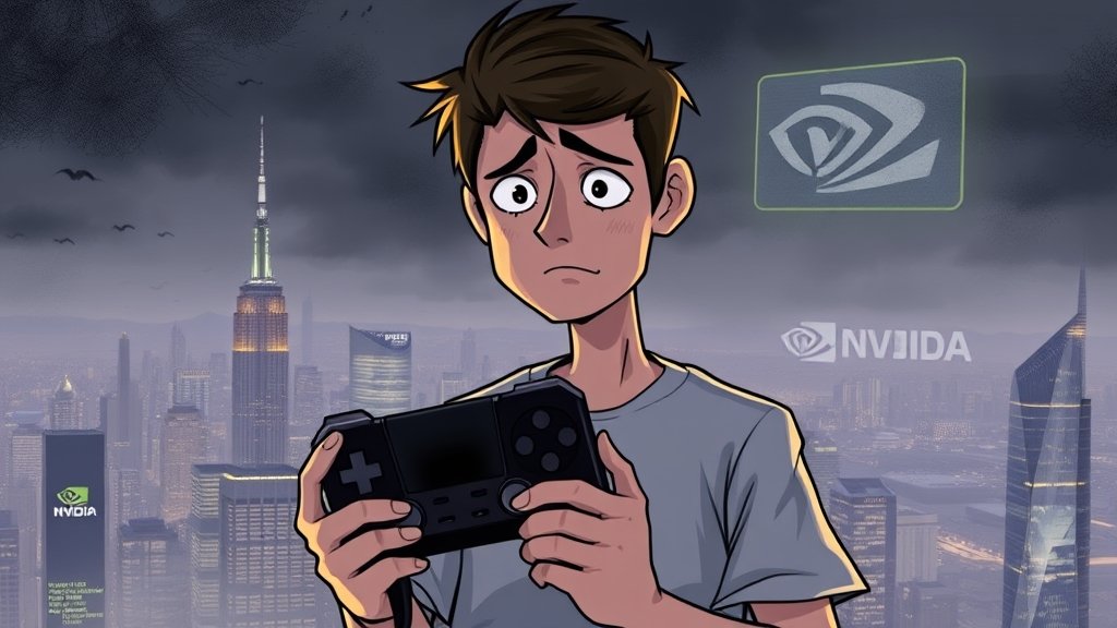 A detailed illustration showing a person holding a gaming console with a disappointed expression, while a cityscape with a giant NVIDIA logo in the background fades into a dark and gloomy atmosphere, symbolizing the delay in new graphics card releases.