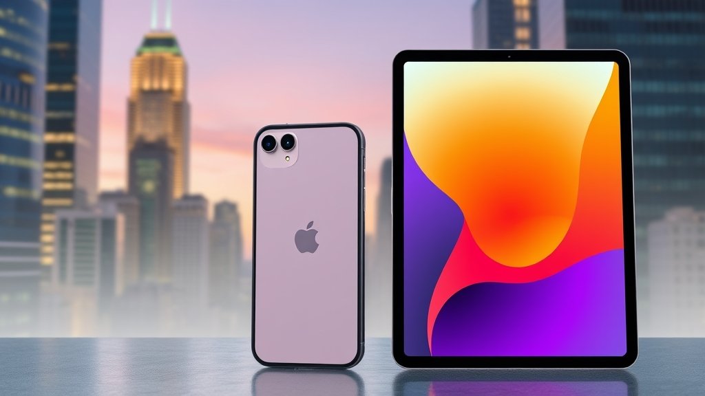 A concept image of the upcoming iPhone 17e and iPad with a cityscape background, highlighting the devices' new features and designs