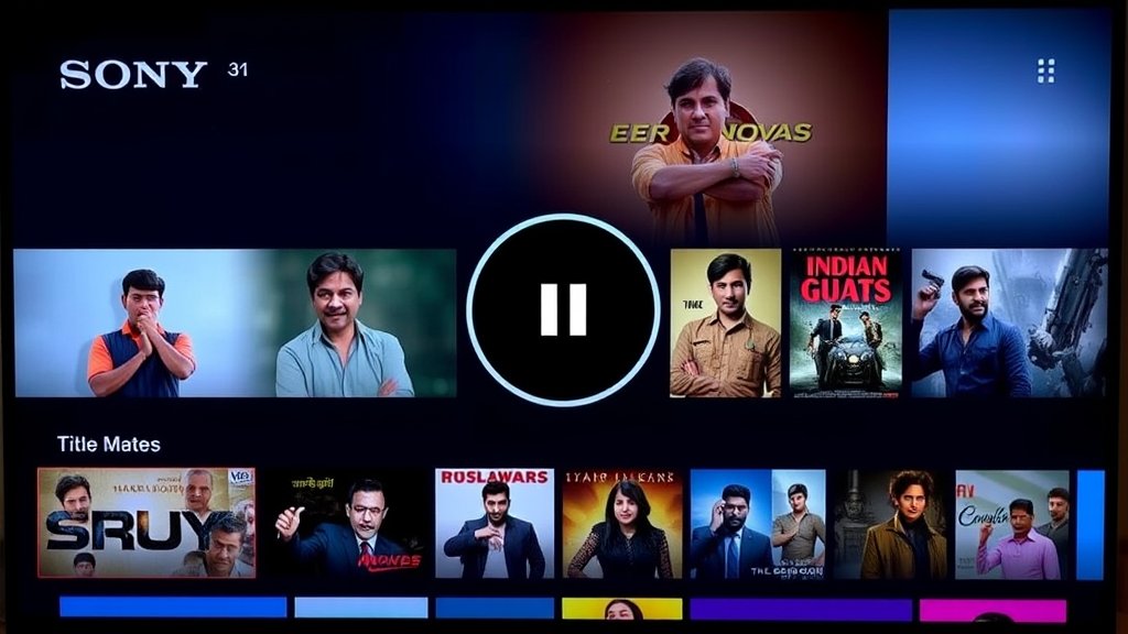 A screenshot of the Sony subscription service interface on a TV or mobile device, with a pause button prominent in the center, surrounded by Indian television shows and movies.