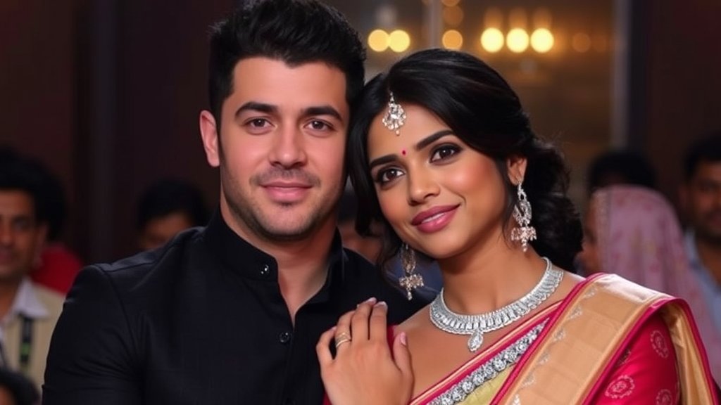 A photo of Nick Jonas and Priyanka Chopra together, with a subtle background that reflects their cultural blend, conveying a sense of love, trust, and mutual respect.