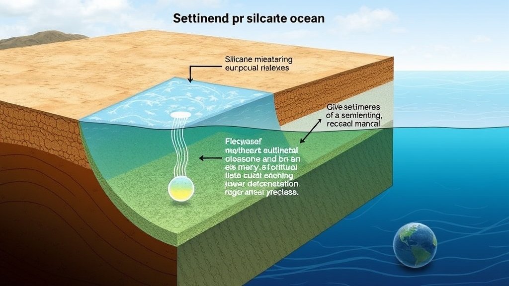 A detailed illustration of the silicate weathering process in marine sediments, showing the interaction between silicate minerals, seawater, and the resulting release of elements into the ocean, with a background of oceanic crust and sedimentary layers.