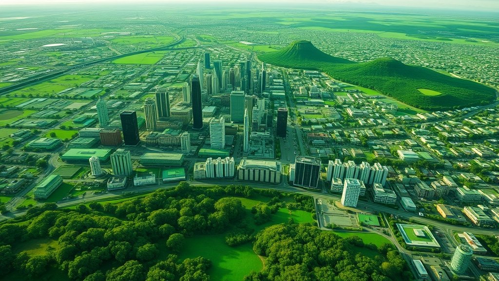 Aerial view of Auckland city with a green overlay representing carbon dioxide emissions, with a few trees and parks visible in the foreground