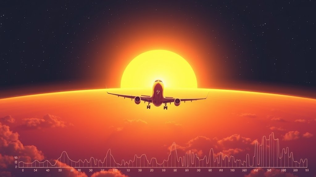 An illustration of an airplane flying through a layer of radiation in the atmosphere, with a graph of radiation levels in the background.