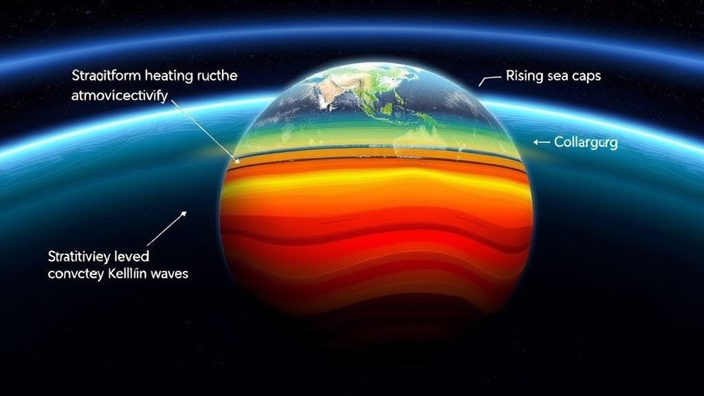 A detailed illustration of the Earth's atmosphere, highlighting the stratiform heating structure and convectively coupled Kelvin waves, with a subtle background of melting ice caps and rising sea levels.