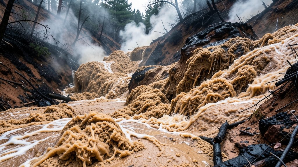 A dramatic image of a wildfire debris flow with a mix of hydrophobic and hydrophilic sands, highlighting the complex rheological behavior of the flow