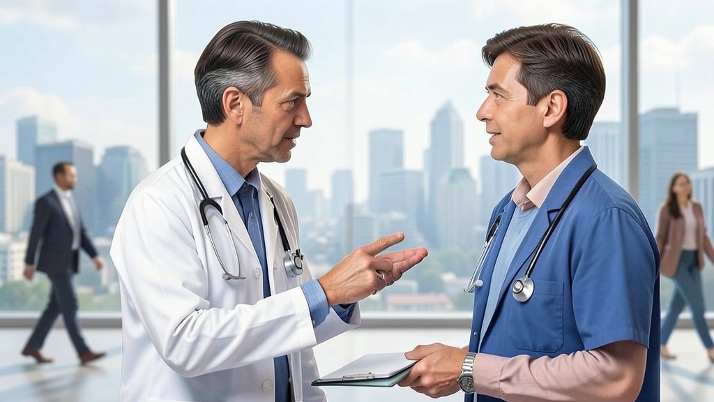 A realistic illustration of a doctor explaining lung cancer screening to a patient, with a subtle background of a cityscape and a few people walking, symbolizing the importance of awareness and early detection in saving lives.